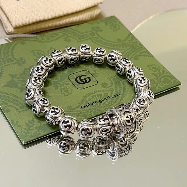 Gucci Interlocking G Bead Bracelet Silver Black Motif Beads Metal Bracelet 7
