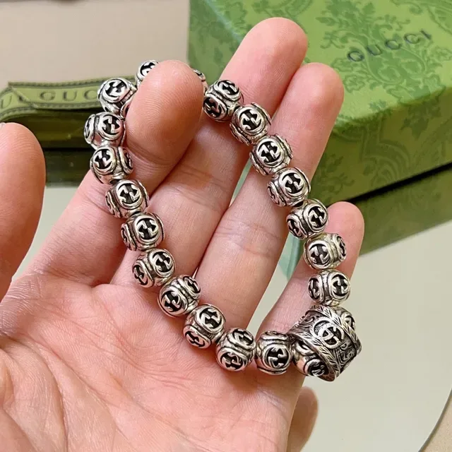 Gucci Interlocking G Bead Bracelet Silver Black Motif Beads Metal Bracelet 9