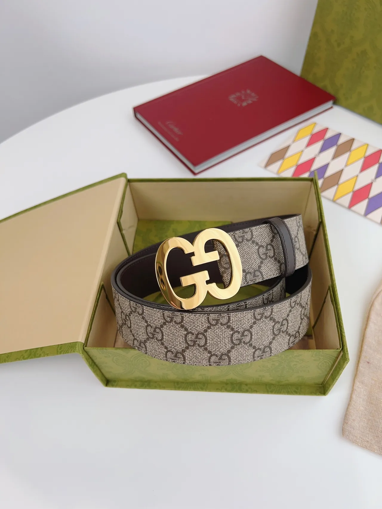 Gucci Interlocking G Belt Beige Brown Gold Leather Belt 3