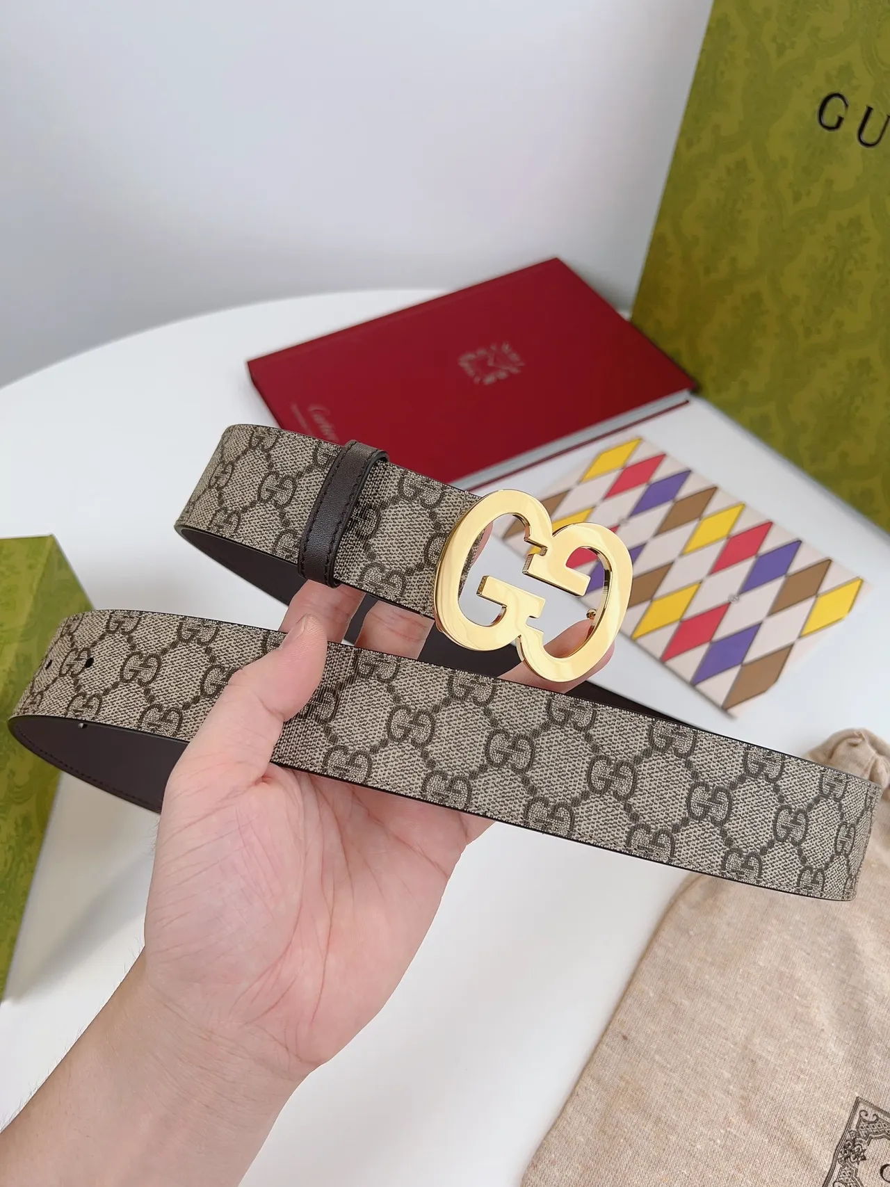 Gucci Interlocking G Belt Beige Brown Gold Leather Belt 4
