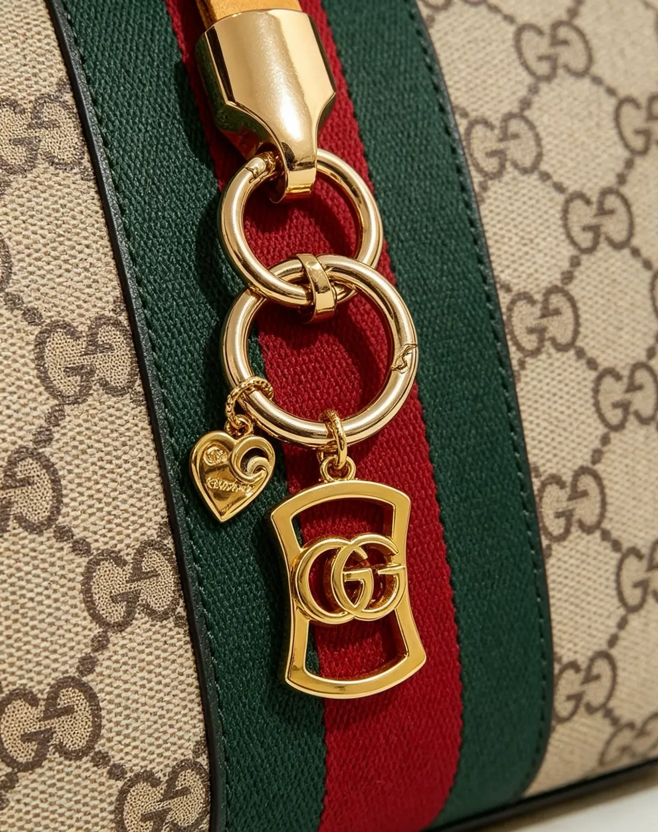 Gucci Interlocking GG Charm Keyring Gold Beige Metal Tan Leather Strap Bracelet 8
