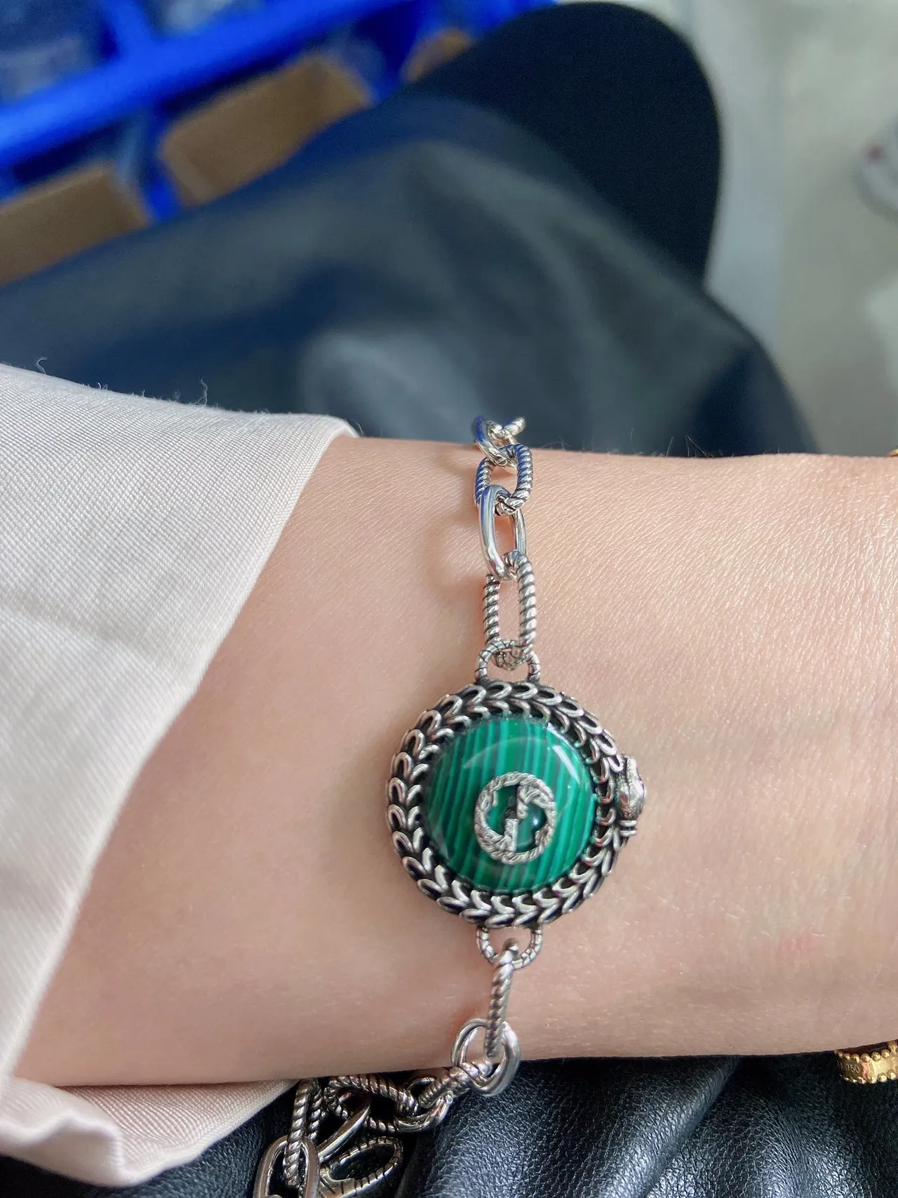 Gucci Malachite Interlocking G Braided Bezel Chain Bracelet 2