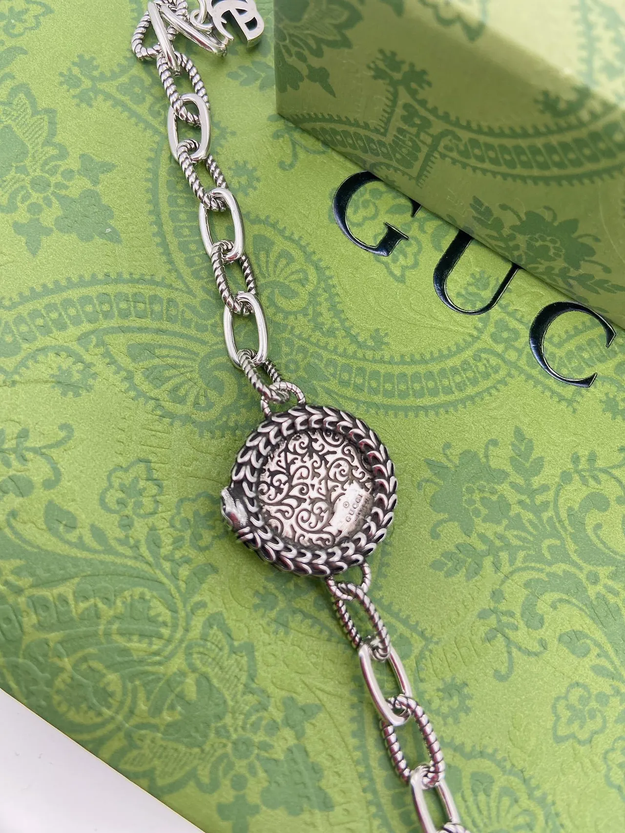 Gucci Malachite Interlocking G Braided Bezel Chain Bracelet 3