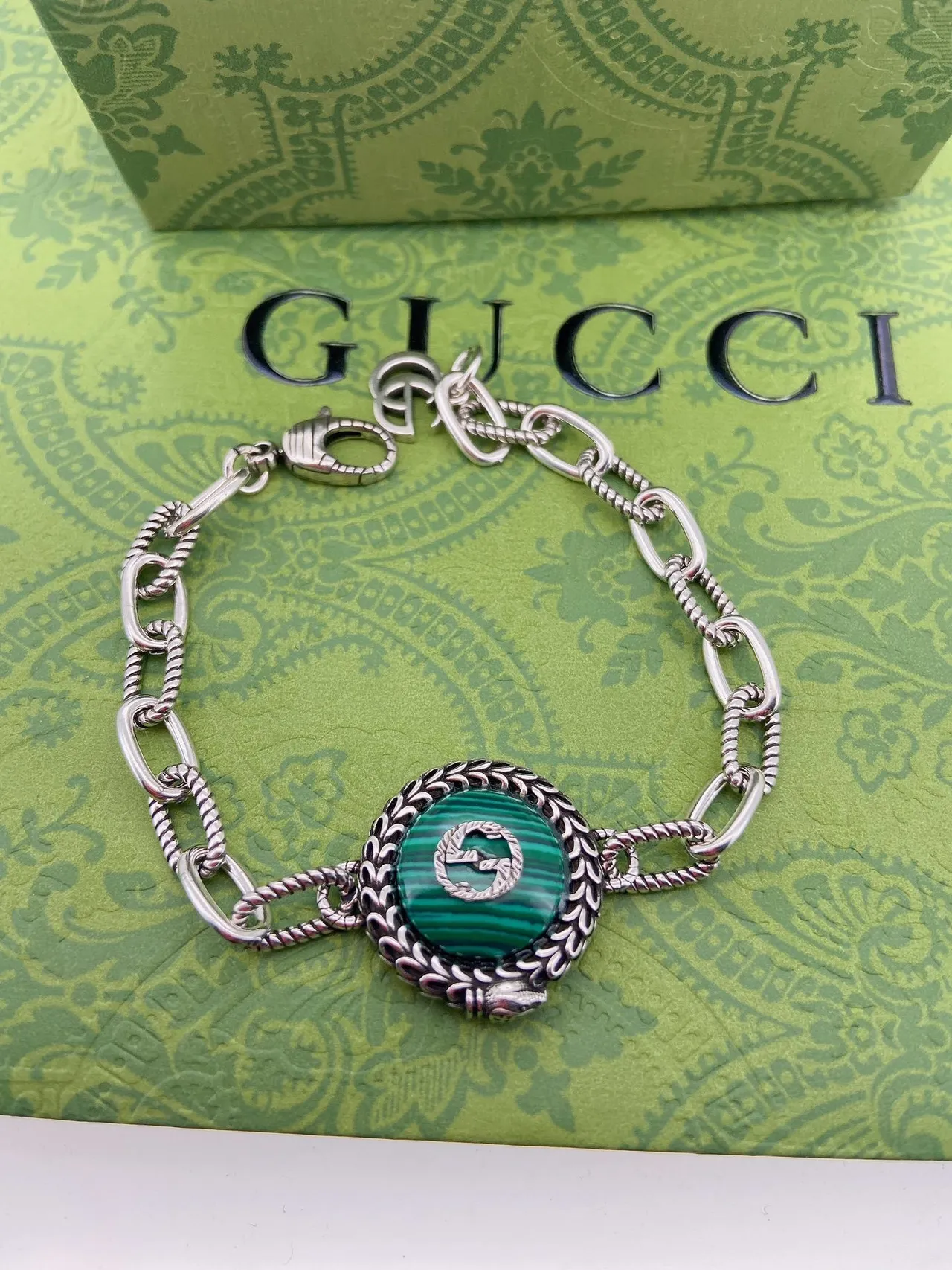 Gucci Malachite Interlocking G Braided Bezel Chain Bracelet 4