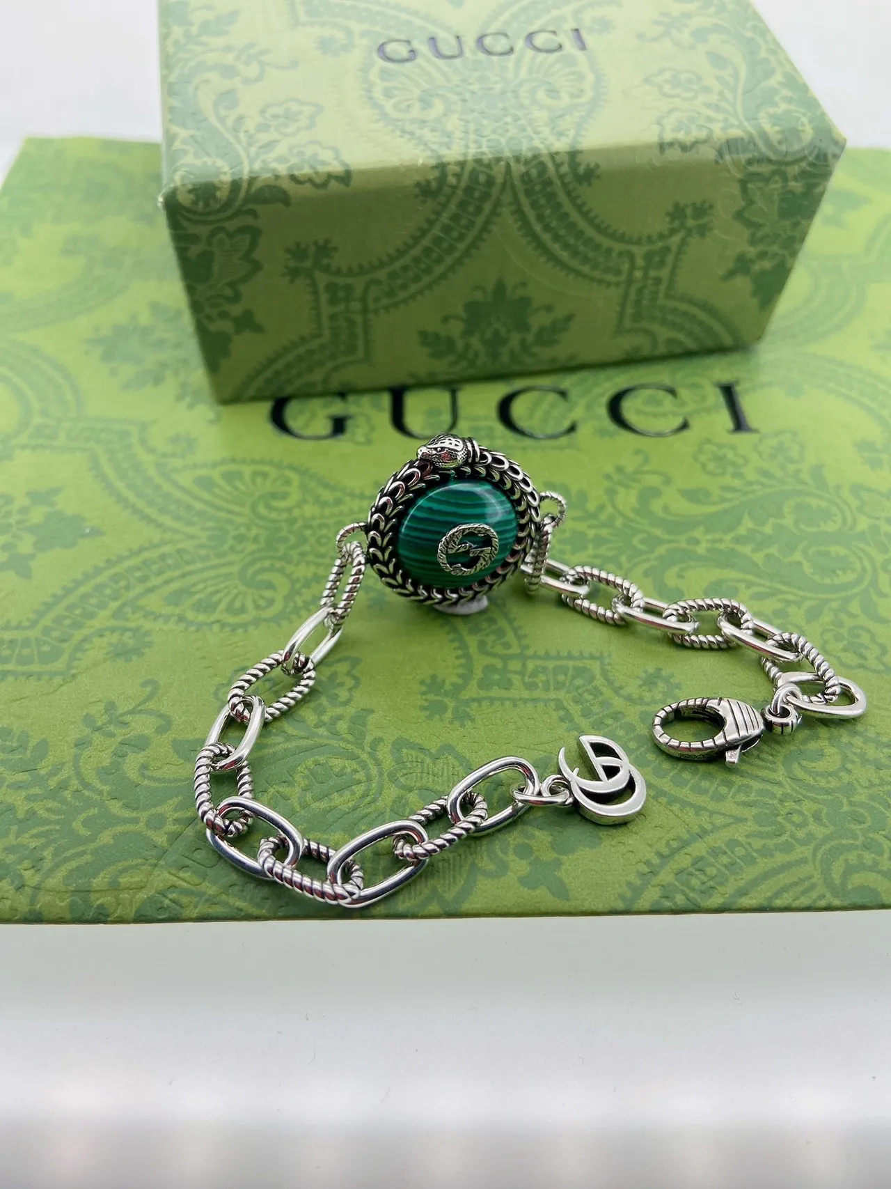 Gucci Malachite Interlocking G Braided Bezel Chain Bracelet 5