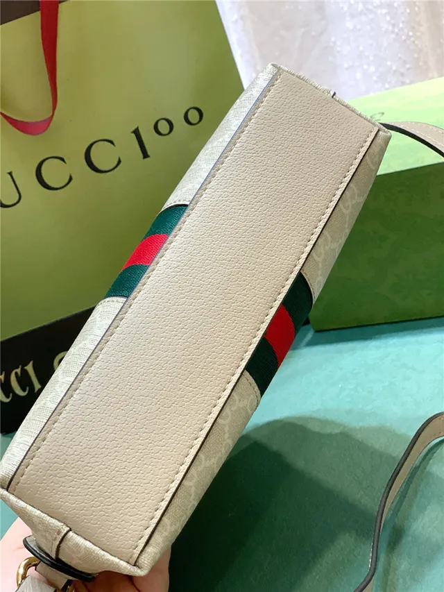 Gucci Ophidia Beige GG Monogram Canvas Web Stripe Chain Bag 15