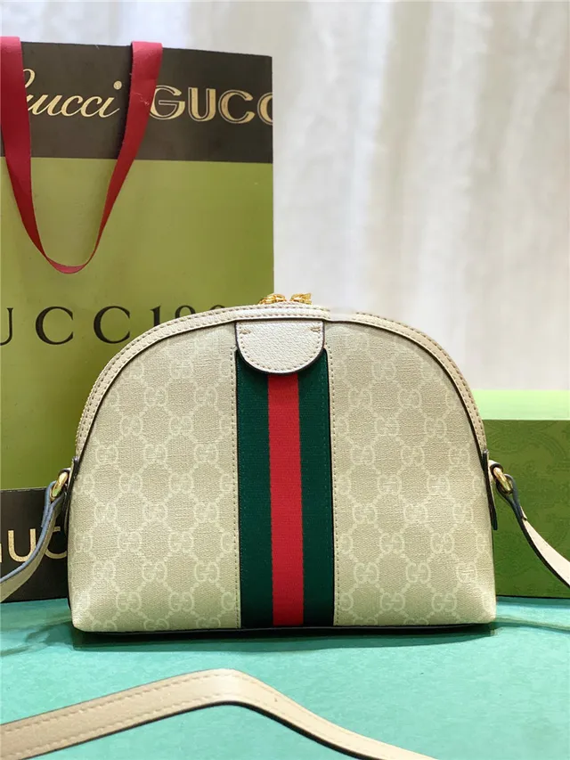 Gucci Ophidia Beige GG Monogram Canvas Web Stripe Chain Bag 18