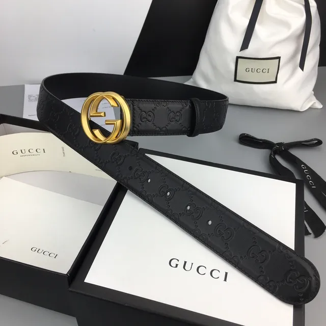 Gucci Ophidia Black Gold Embossed GG Monogram Interlocking G Buckle Leather Belt 2