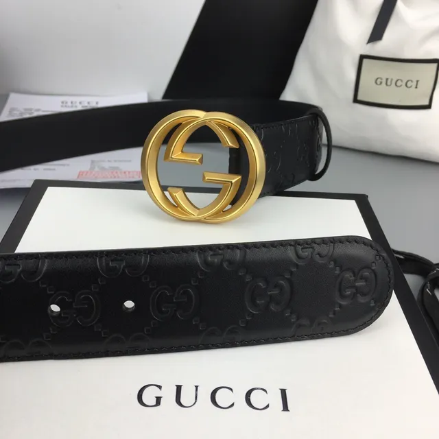 Gucci Ophidia Black Gold Embossed GG Monogram Interlocking G Buckle Leather Belt 3