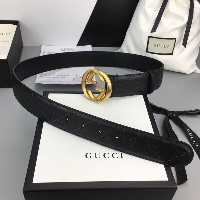 Gucci Ophidia Black Gold Embossed GG Monogram Interlocking G Buckle Leather Belt 4