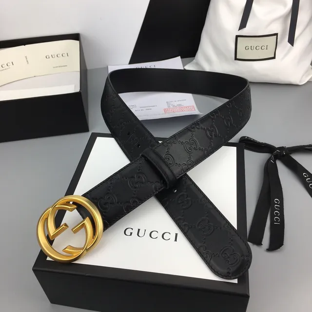 Gucci Ophidia Black Gold Embossed GG Monogram Interlocking G Buckle Leather Belt 6