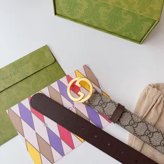 Gucci Ophidia Brown Beige Interlocking G Buckle GG Monogram Canvas Leather Belt