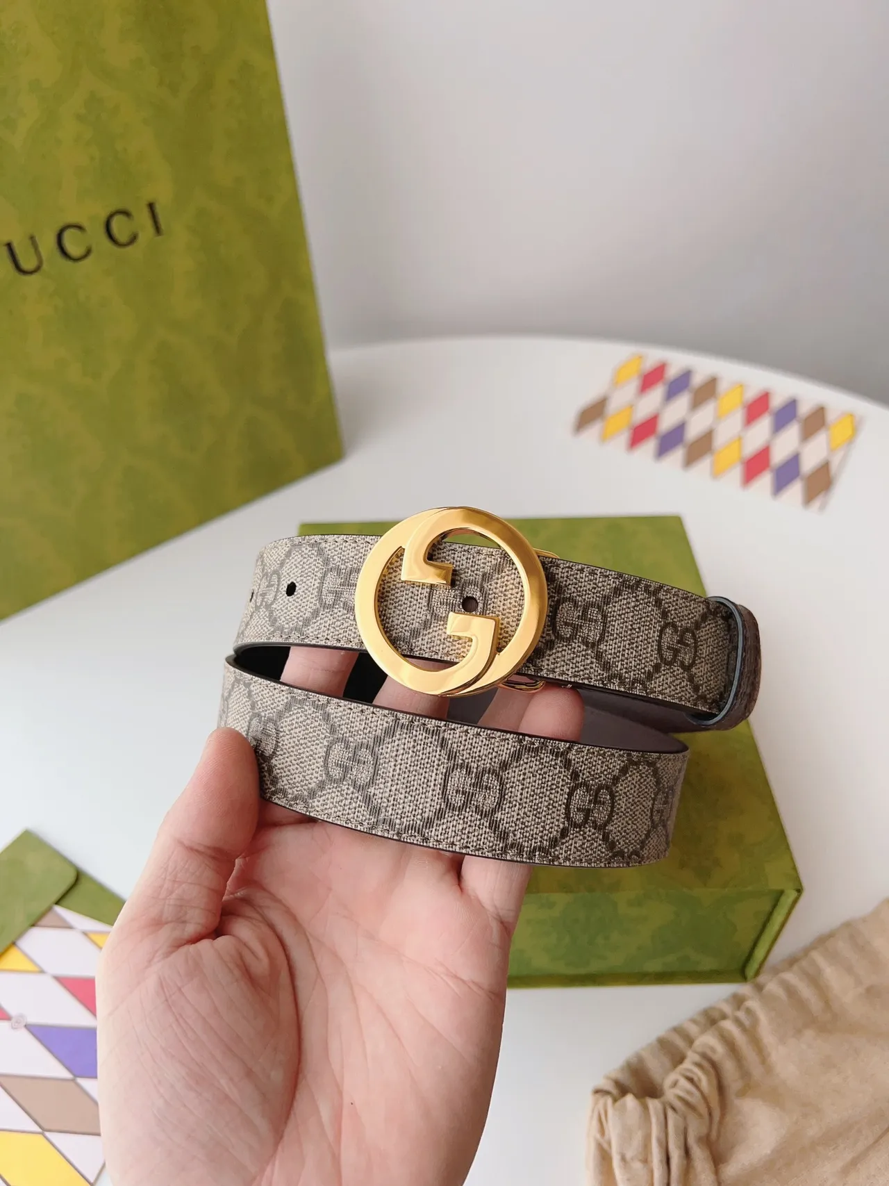 Gucci Ophidia Brown Beige Interlocking G Buckle GG Monogram Canvas Leather Belt 2