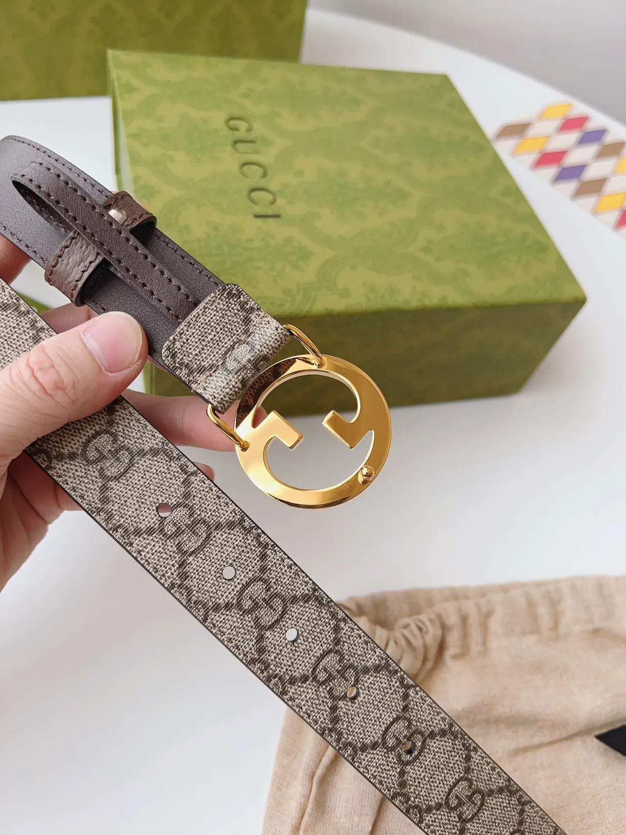 Gucci Ophidia Brown Beige Interlocking G Buckle GG Monogram Canvas Leather Belt 3