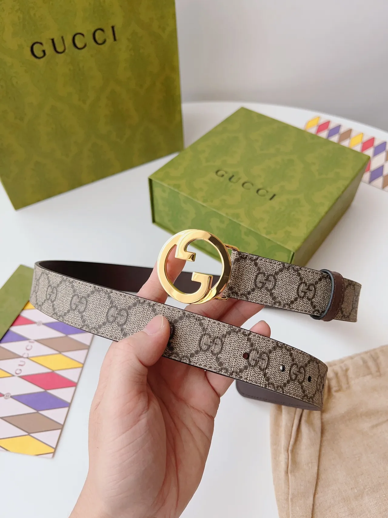 Gucci Ophidia Brown Beige Interlocking G Buckle GG Monogram Canvas Leather Belt 5