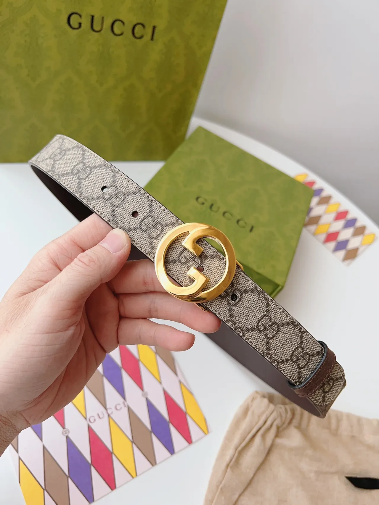 Gucci Ophidia Brown Beige Interlocking G Buckle GG Monogram Canvas Leather Belt 8