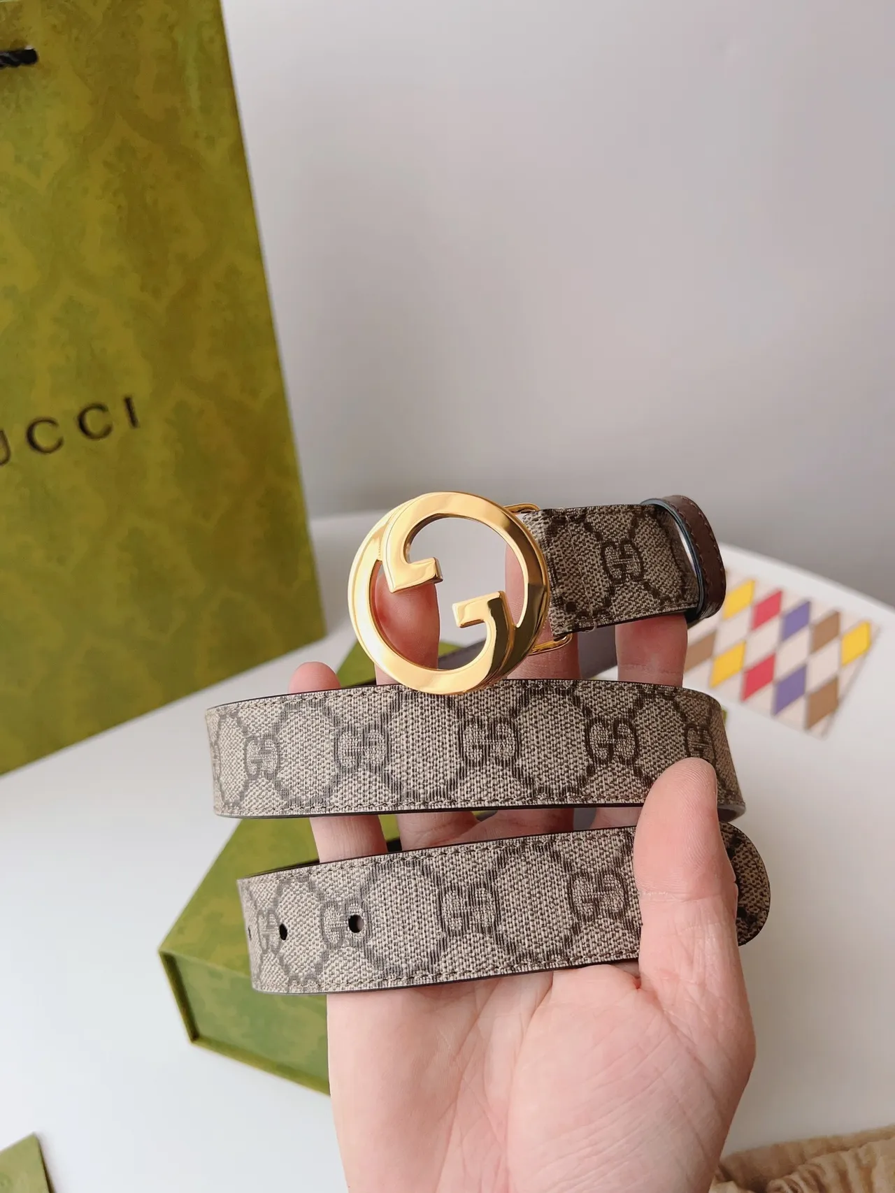 Gucci Ophidia Brown Beige Interlocking G Buckle GG Monogram Canvas Leather Belt 9