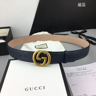 Gucci Ophidia Navy Gold Embossed GG Monogram Interlocking G Buckle Leather Belt