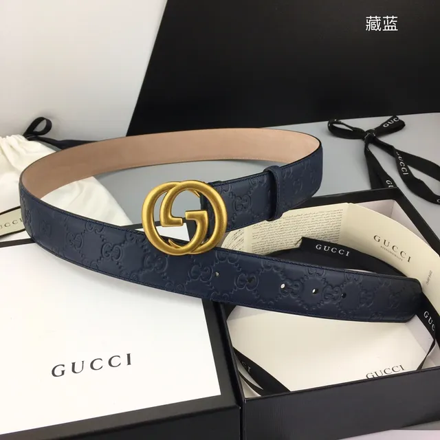 Ceinture en cuir Gucci Ophidia Bleu marine Embossée en or GG Monogram Boucle Interlocking G 2