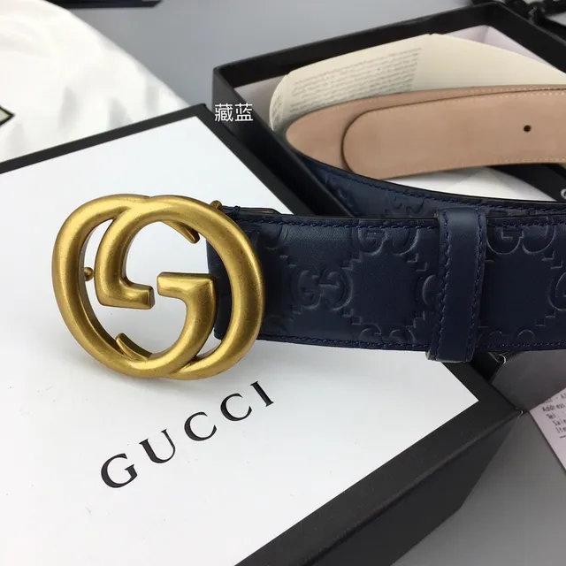 Ceinture en cuir Gucci Ophidia Bleu marine Embossée en or GG Monogram Boucle Interlocking G 3
