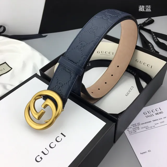 Ceinture en cuir Gucci Ophidia Bleu marine Embossée en or GG Monogram Boucle Interlocking G 4