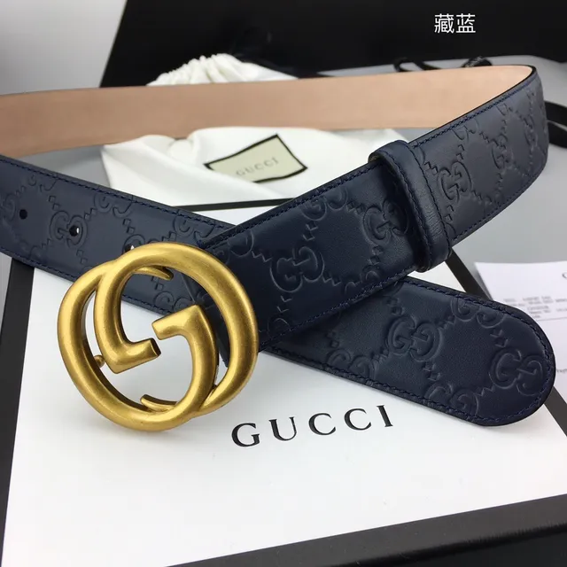 Ceinture en cuir Gucci Ophidia Bleu marine Embossée en or GG Monogram Boucle Interlocking G 5