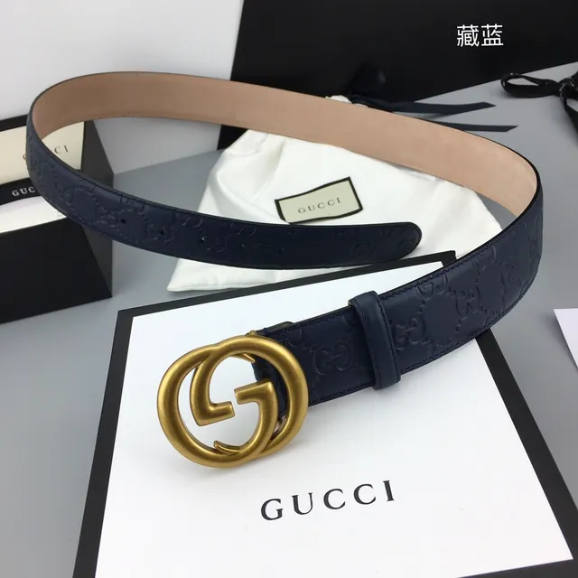 Ceinture en cuir Gucci Ophidia Bleu marine Embossée en or GG Monogram Boucle Interlocking G 6