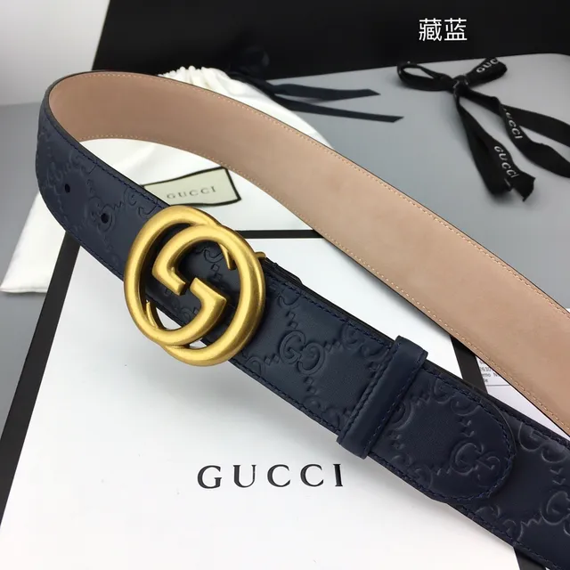 Ceinture en cuir Gucci Ophidia Bleu marine Embossée en or GG Monogram Boucle Interlocking G 9