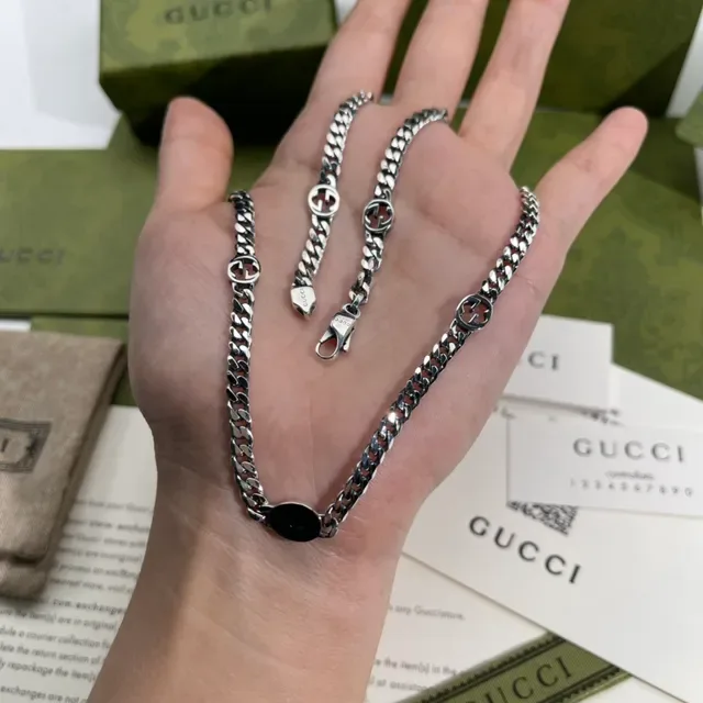 Gucci Ophidia Silver Curb-Link Chain Interlocking G Logo Motif Necklace 2
