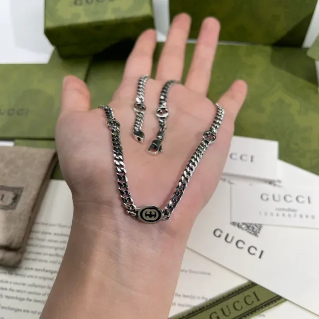 Gucci Ophidia Silver Curb-Link Chain Interlocking G Logo Motif Necklace 3