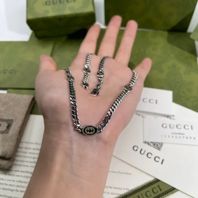 Gucci Ophidia Silver Curb-Link Chain Interlocking G Logo Motif Necklace 4