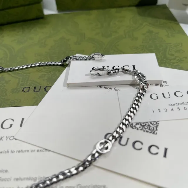 Gucci Ophidia Silver Curb-Link Chain Interlocking G Logo Motif Necklace 6