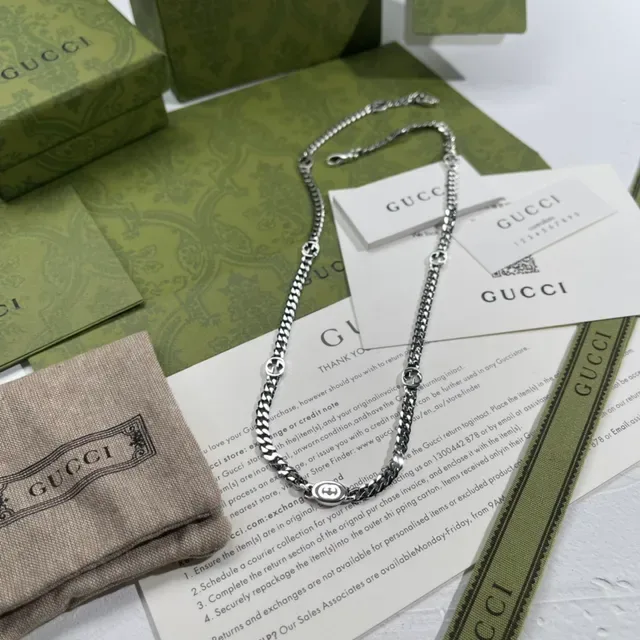 Gucci Ophidia Silver Curb-Link Chain Interlocking G Logo Motif Necklace 7