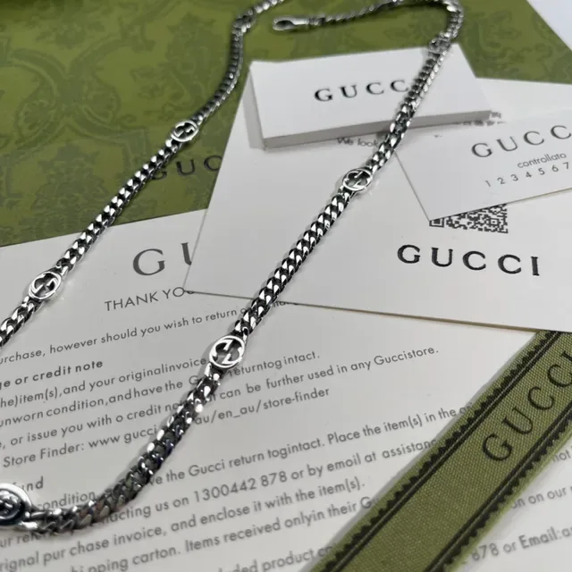 Gucci Ophidia Silver Curb-Link Chain Interlocking G Logo Motif Necklace 8