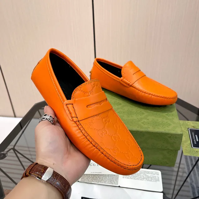 Gucci Orange Black Embossed GG Monogram Penny Strap Loafer 3
