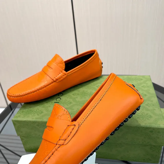Gucci Orange Black Embossed GG Monogram Penny Strap Loafer 5