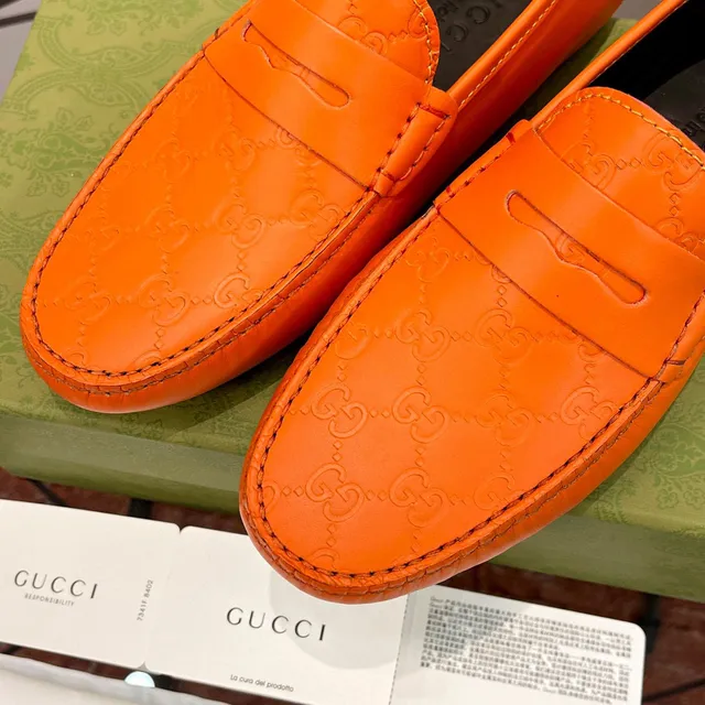 Gucci Orange Black Embossed GG Monogram Penny Strap Loafer 6