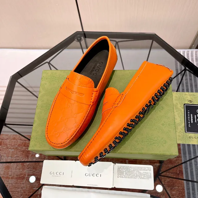 Gucci Orange Black Embossed GG Monogram Penny Strap Loafer 7