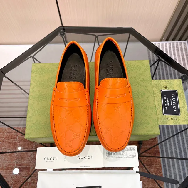 Gucci Orange Black Embossed GG Monogram Penny Strap Loafer 8