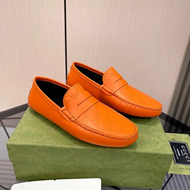 Gucci Orange Black Embossed GG Monogram Penny Strap Loafer 9