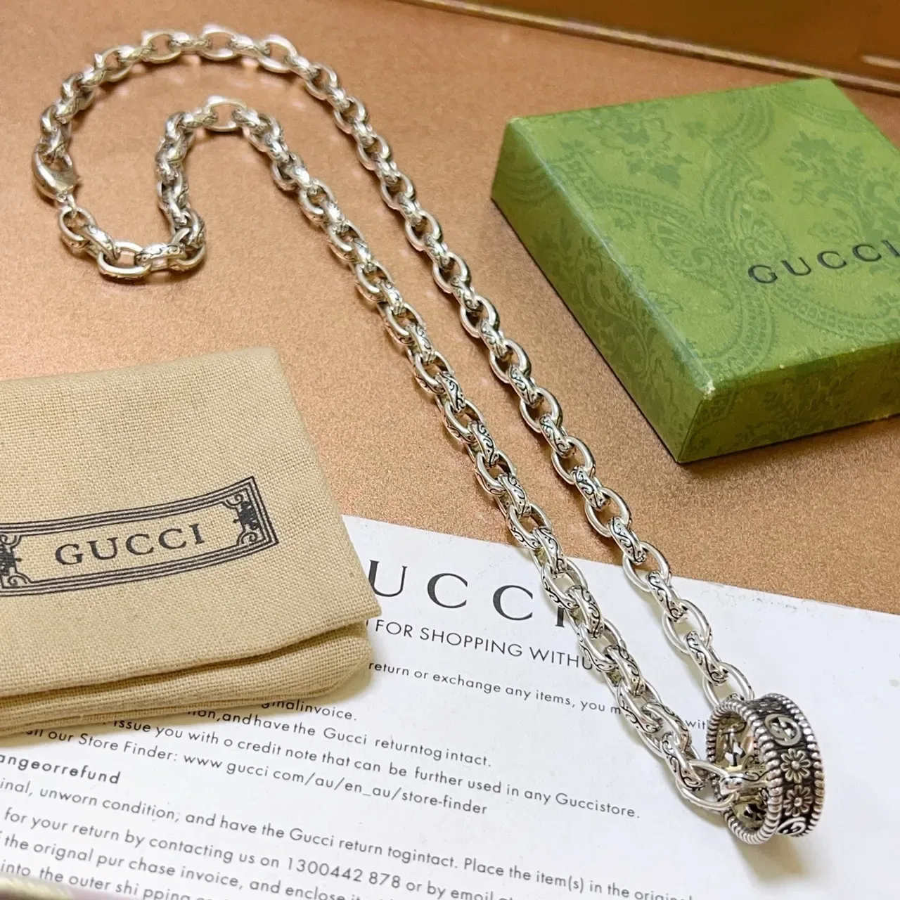Gucci Ornate Floral G-Motif Silver Chain Necklace 6