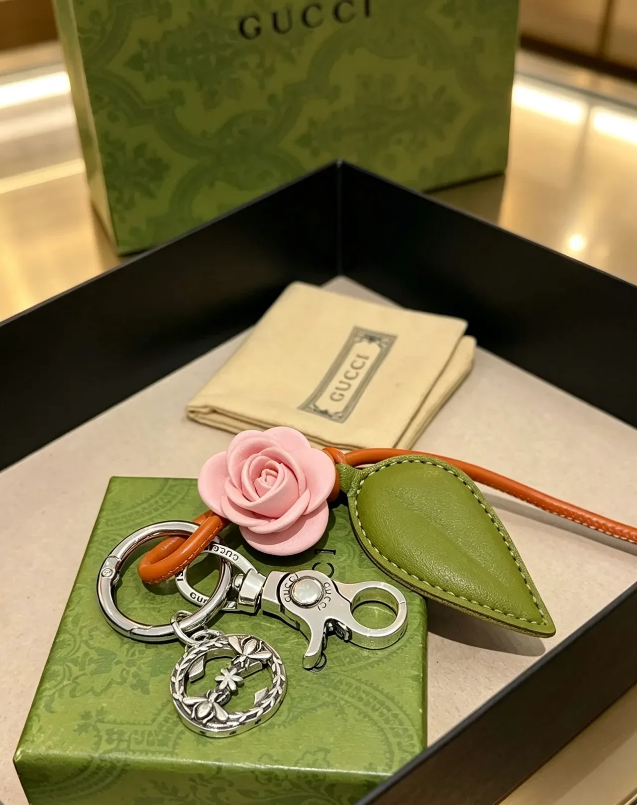 Gucci Pink Green Leather Floral Motif Dual Roses Crossbody Bag 2