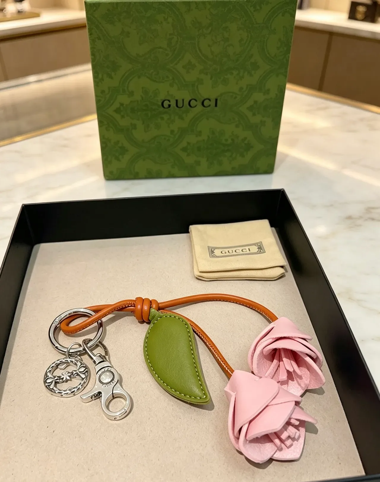 Gucci Pink Green Leather Floral Motif Dual Roses Crossbody Bag 4