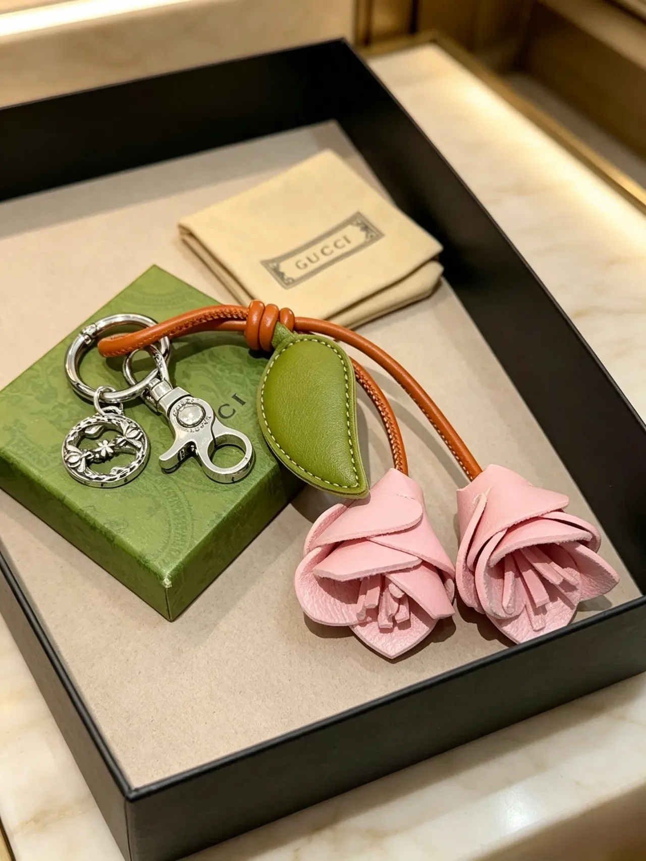 Gucci Pink Green Leather Floral Motif Dual Roses Crossbody Bag 5