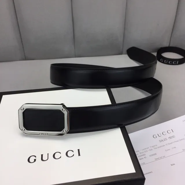 Gucci Rectangular Buckle Belt Black Silver Leather Belt 2