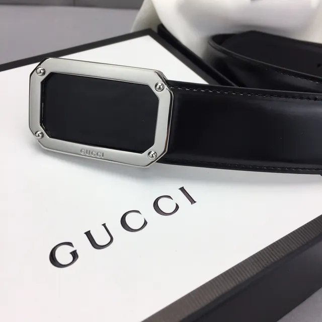 Gucci Rectangular Buckle Belt Black Silver Leather Belt 3