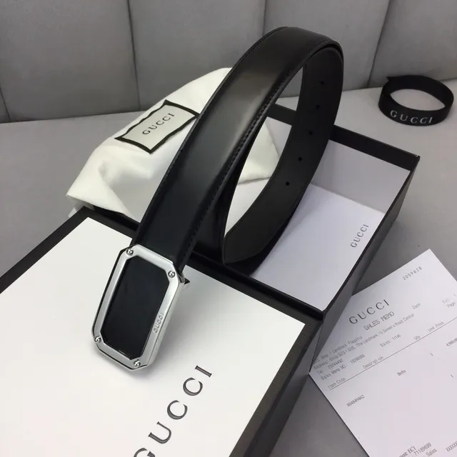 Gucci Rectangular Buckle Belt Black Silver Leather Belt 4