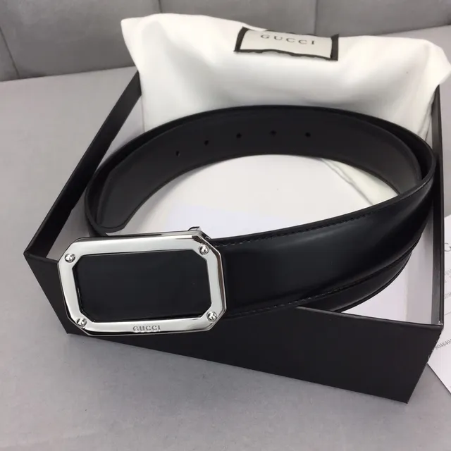 Gucci Rectangular Buckle Belt Black Silver Leather Belt 5