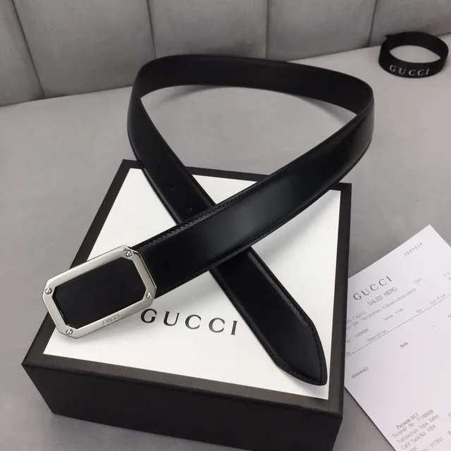 Gucci Rectangular Buckle Belt Black Silver Leather Belt 6