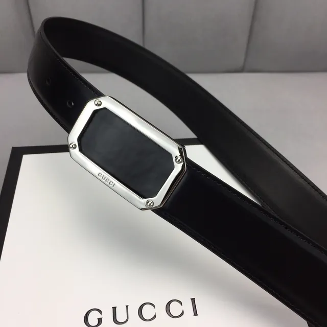 Gucci Rectangular Buckle Belt Black Silver Leather Belt 9